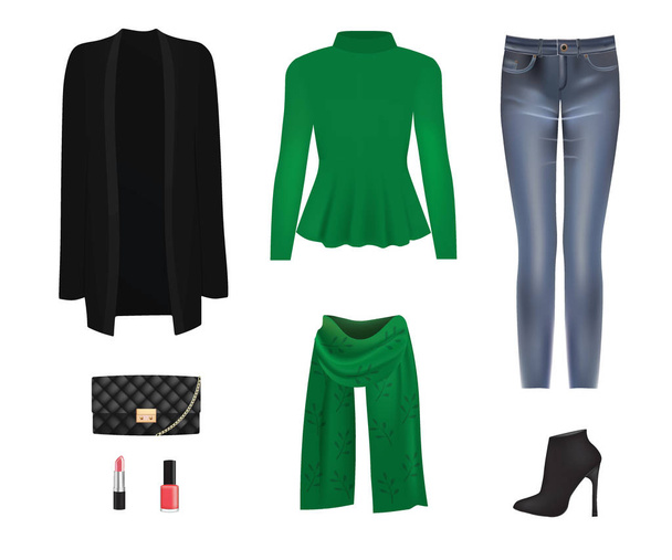 Mujeres listas. suéter, cárdigan, pantalones, bufanda, bolso y botas
 - Vector, imagen