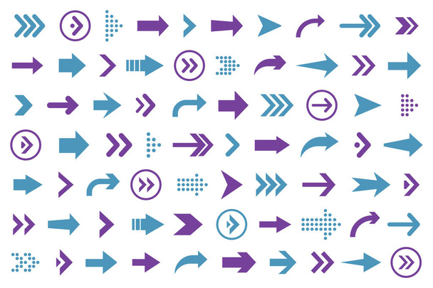 Conjunto de colección de flechas en color azul y púrpura sobre un fondo blanco para el diseño del sitio web
 - Vector, imagen