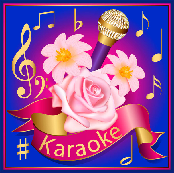 Illustration of the label background karaoke with music, microphone and flowers - Vettoriali, immagini