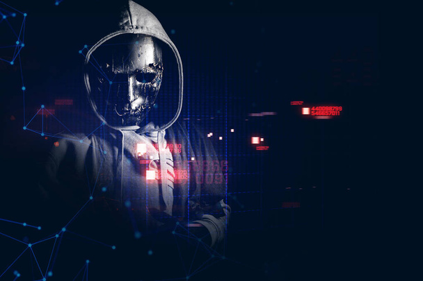 hacker man terrorist with virus computer attack to server network system online in data internet security hacking ai concept - Фото, зображення