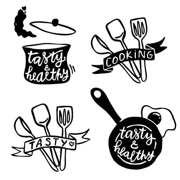 Handgezeichnete Umrisse einfacher Küchenphrasen über Lebensmittel und niedliche Küchenobjekte Illustrationen - Vektor, Bild