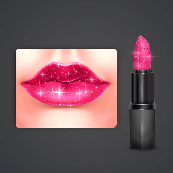 キラキラした質感のある明るいピンクの口紅モックアップ、3Dイラストでのコスメティックパッケージデザイン、リアルベクトルEps 10フォーマット - ベクター画像