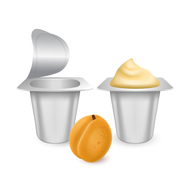 Sada bílých matný plastových nádob pro jogurt, smetanu, dezert nebo marmeládu. Předloha pro fotorealistické obaly. jogurtovou smetanu s čerstvými meruňky izolovanými na bílém pozadí, vektorové EPS 10 - Vektor, obrázek