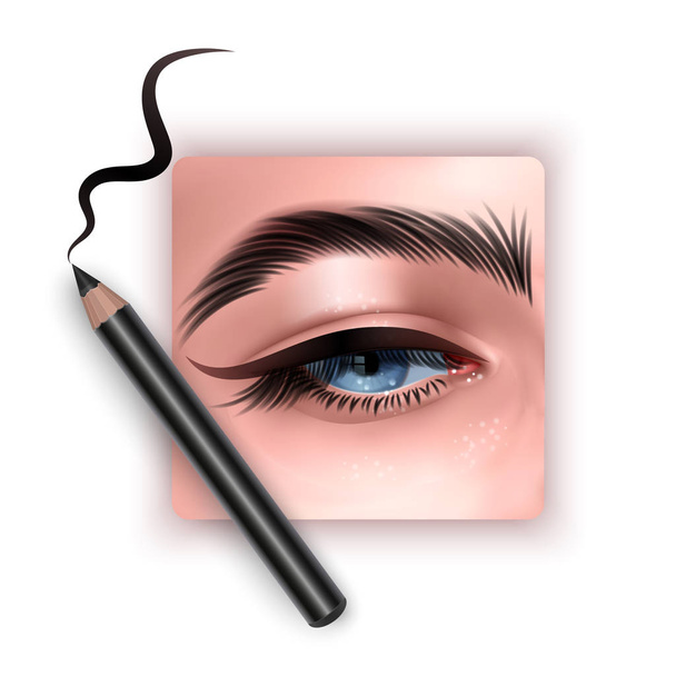 Ρεαλιστική απεικόνιση του ματιού εφαρμόζοντας το μάτι του λάινερ, η γυναίκα εφαρμόζει το μολύβι ματιών, διάνυσμα EPS 10 απεικόνιση - Διάνυσμα, εικόνα