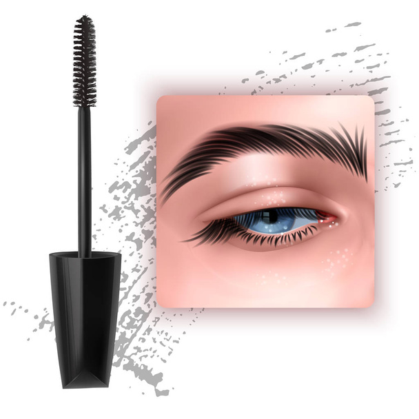 Mascara-Design-Bild, mit einem einzigen blauen Auge und Wimpern für Werbezwecke, realistische 3D-Illustration - Vektor, Bild