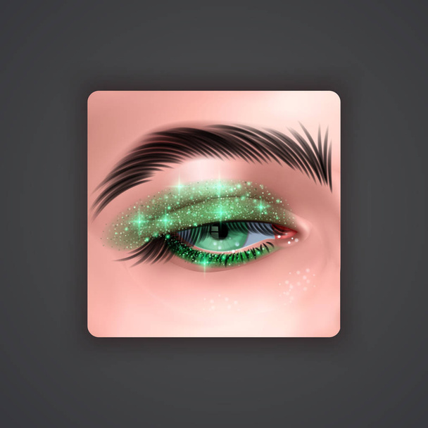 Ρεαλιστικά μάτια με φωτεινές σκιές ματιών πράσινου χρώματος με λαμπερή υφή στο σκοτεινό φόντο, απεικονισμός διανυσματικών χρωμάτων - Διάνυσμα, εικόνα