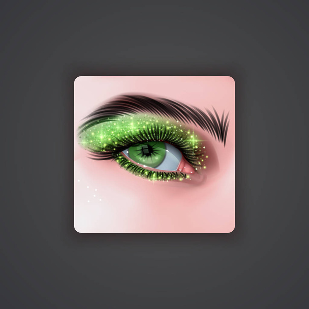realistische Augen mit hellen grünen Lidschatten mit glitzernder Textur auf dunklem Hintergrund, Vektor-Illustration - Vektor, Bild