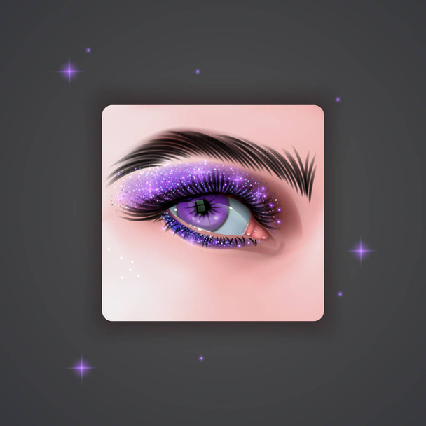 Реалистичные глаза с яркими тенями для век фиолетового цвета с блестящими текстурами на темном фоне, векторная иллюстрация EPS 10
 - Вектор,изображение
