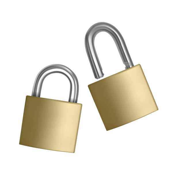 Two realistic icons golden padlock in the open and closed position, isolated on white background, Vector illustration - Vector, Image