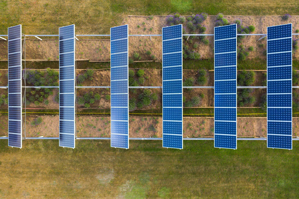 Drone ylhäältä alas näkymä laventeli puutarha ja päälle aurinkopaneelit linjassa
 - Valokuva, kuva