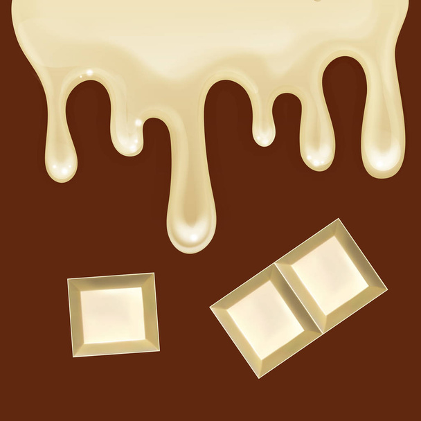Realistische witte chocolade druipend, vector illustratie gesmolten chocolade geïsoleerd op bruine achtergrond - Vector, afbeelding
