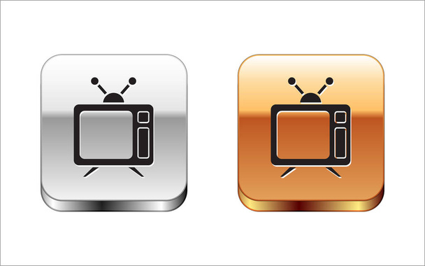 Fekete TV ikon izolált fehér háttér. Televíziós jelsz. Ezüst-arany négyzetgomb. Vektoros illusztráció - Vektor, kép