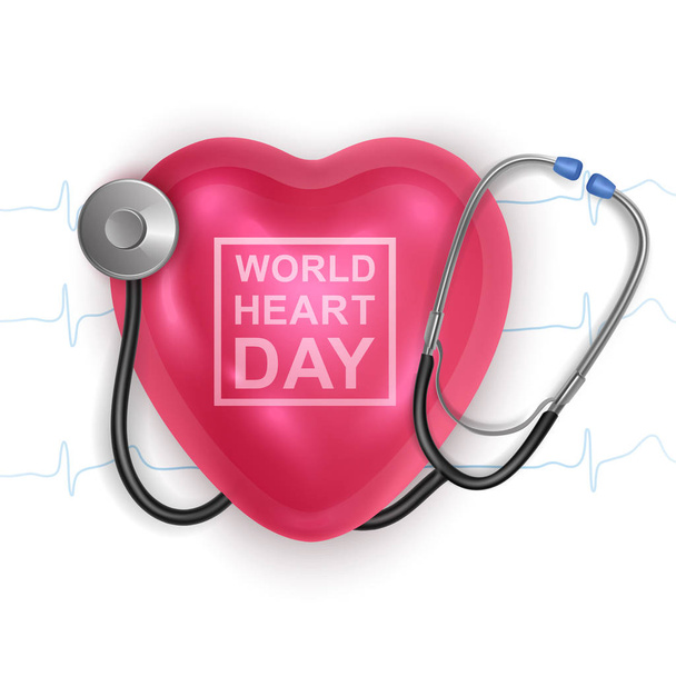 Journée mondiale du cœur Contexte. Coeur brillant 3D avec label World Heart Day. Concept de journée de sensibilisation médicale, illustration Vector EPS 10
 - Vecteur, image