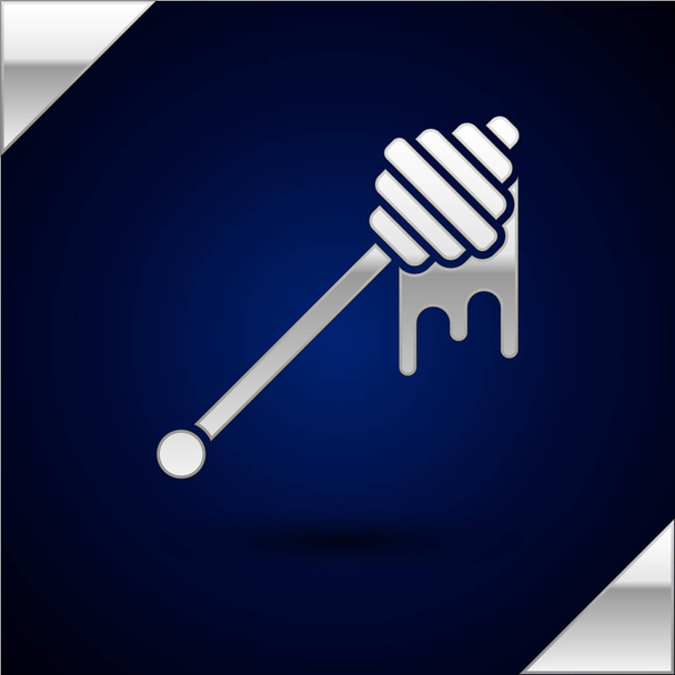 Silver Honey dipper stick with dripping honey icon isolated on dark blue background. Honey ladle. Vector Illustration - Vector, Image