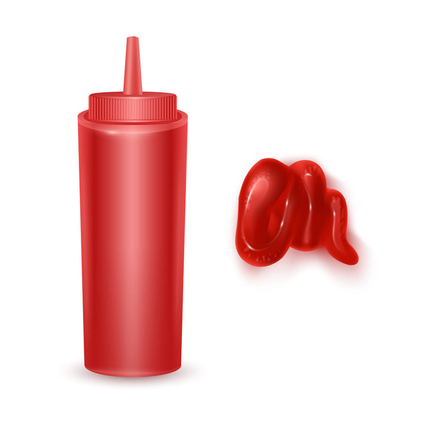 Реалистичные векторные элементы томатный соус, брызги томатного сока, бутылка кетчупа, выжатый соус на белом фоне Векторная EPS 10 иллюстрация
 - Вектор,изображение