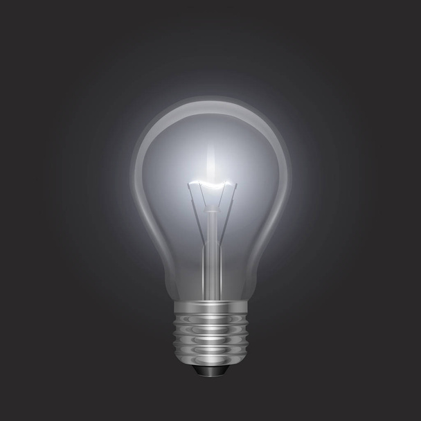 Transparent glowing electric light bulb with a silver base in Realistic style on bark background, Object for presentations, infographics, poster, web design or banner - Vetor, Imagem