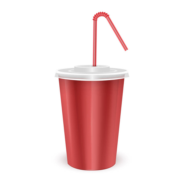 Κύπελλο μίας χρήσης κόκκινου χαρτιού με καπάκι και άχυρο ποτού για κρύα αναψυκτικά-σόδα, παγωμένο τσάι ή κοκτέιλ, ρεαλιστικό πρότυπο Ματού συσκευασίας, διάνυσμα EPS 10 μορφή - Διάνυσμα, εικόνα
