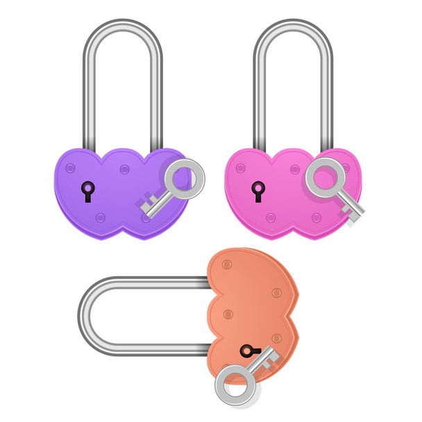 Set of Heart shaped padlocks. Valentines day love concept. 3D Vector Illustration, EPS 10 format - Vector, Image