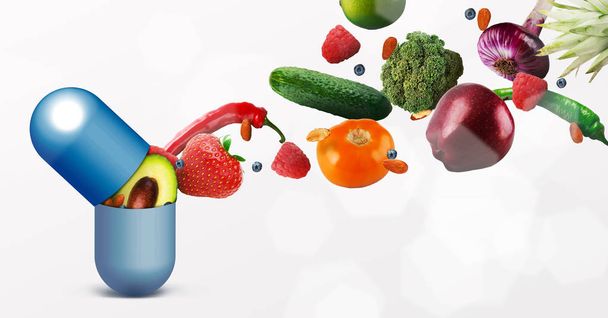 Beyaz arka planda uçan meyve ile Vitamin hapı - Fotoğraf, Görsel