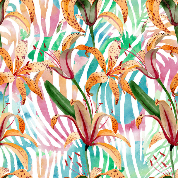 オレンジリリウムマキュランタム花植物の花。●水彩イラストセット。シームレスな背景パターン. - 写真・画像