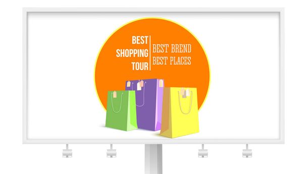 Best shopping tour. Billboard with design advertising banner, trip for cheap shopping. Big paper bags with tags. Concept of low-cost shopping tourism - Вектор,изображение