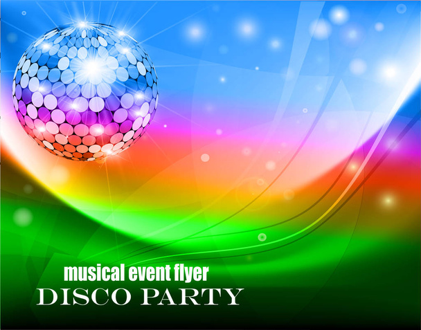 Illustration of a music flyer about a disco party with waves, fireflies and disco ball. - Vetor, Imagem