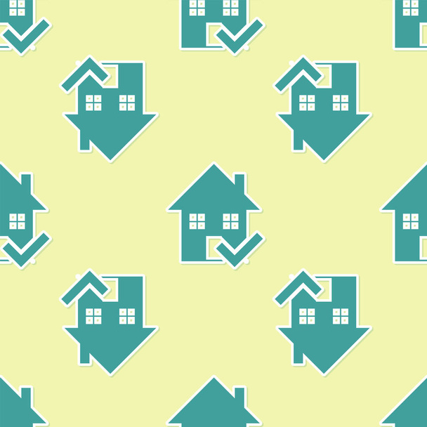 Groen huis met vinkje pictogram geïsoleerd naadloze patroon op gele achtergrond. Vastgoedmakelaar of Cottage Town Elite class. Vector illustratie - Vector, afbeelding