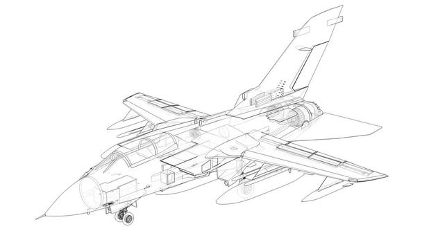 Wojskowe sylwetki myśliwców. Wizerunek statku powietrznego na liniach do rysowania konturów. Wewnętrzna struktura statku powietrznego. 3d renderowanie - Zdjęcie, obraz