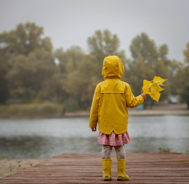 Glückliches Mädchen in gelbem Regenmantel und Blättern - Foto, Bild