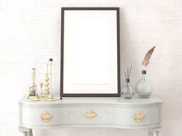 Mock up poster with a stylish frame on a classic chest of drawers with a trendy hipster background. - 写真・画像