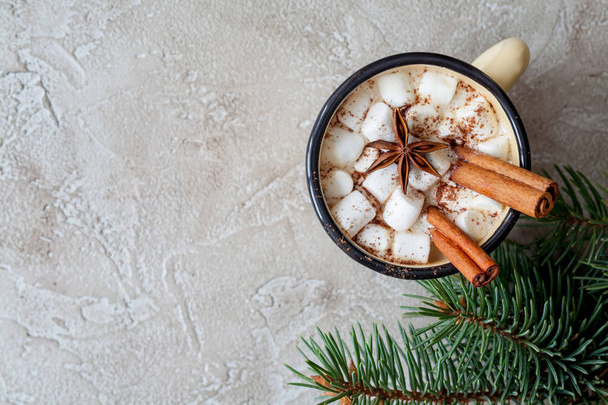 Cup of hot cocoa with marshmallows and cinnamon. Christmas concept. - Фото, изображение