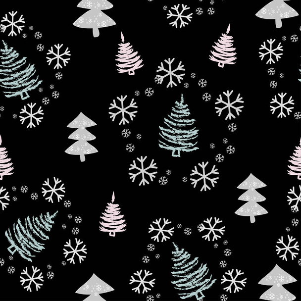Бесшовный узор с елками и снегом. Ручной рисунок елки, шаблон новогодней открытки или праздничного оформления упаковки - Вектор - Вектор,изображение