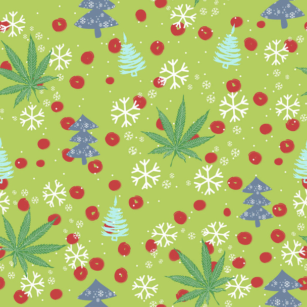 Seamless pattern with Christmas trees, snowflakes and cannabis leaves - Vector - ベクター画像