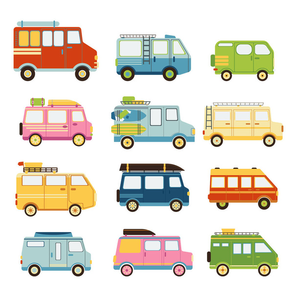 Collection of cars for travel isolated on white background. Comfortable transport. Camping, road trip, van life movement. Vector illustration in flat design style - Vektor, Bild