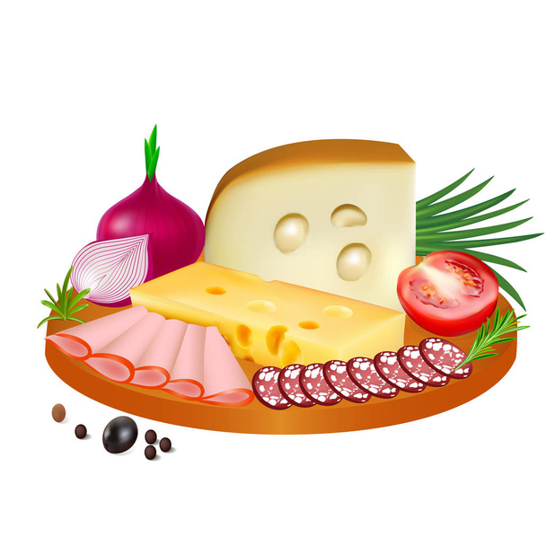 Illustration pieces of cheese and slices of smoked sausage and ham in spices with tomatoes, onions on a wooden chopping Board isolated on white - Vetor, Imagem