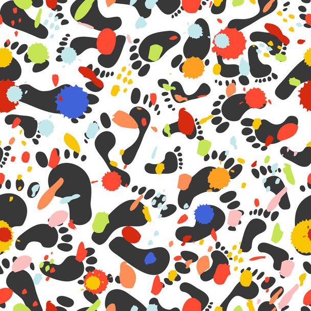nahtloses Muster mit Spuren unterschiedlicher Größe. Spuren von Menschen - Männer, Frauen, Kinder. abstrakte, von Hand bemalte wiederholte Textur mit bunten Farbklecksen - Vektor - Vektor, Bild