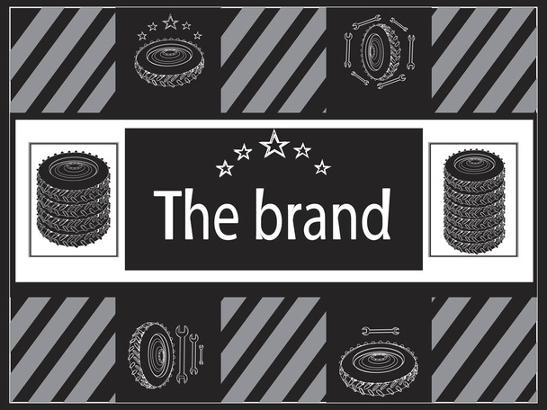 ein schwarzes Banner mit Linearrad und Schraubenschlüssel zur Reifenmontage - Vektor, Bild