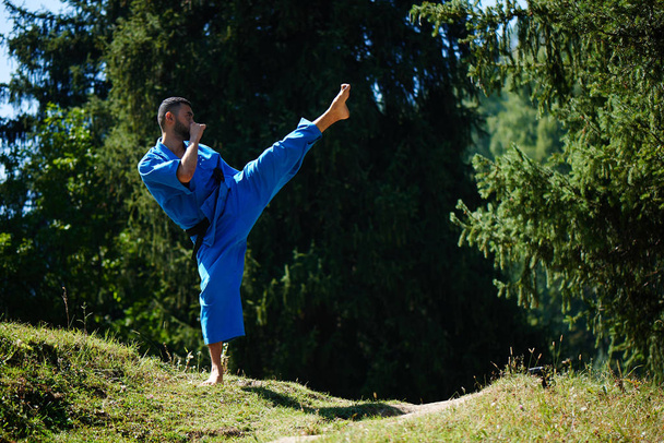 Asian Kazakh karate fighter is combat in blue kimono uniform on a summer beautiful nature landscape with copy space - Foto, Imagen