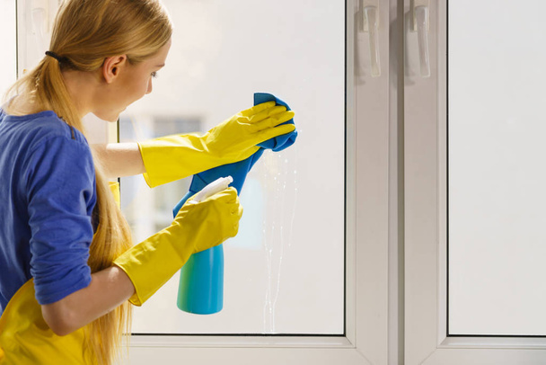 Woman cleaning window at home - Foto, immagini
