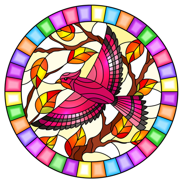 Illustration in the style of stained glass with a beautiful pink bird  on a  background of branch of tree ,oval image in bright frame - Vector, Image