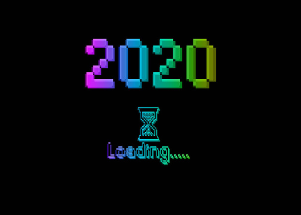 С наступающим 2020 годом, с загрузкой иконописной графики в стиле bitmap. Прогресс-бар почти достиг кануна Нового года. красочный векторный плоский дизайн 2020 загрузки пиксельных песочных часов курсор. Изолированный или черный фон
 - Вектор,изображение