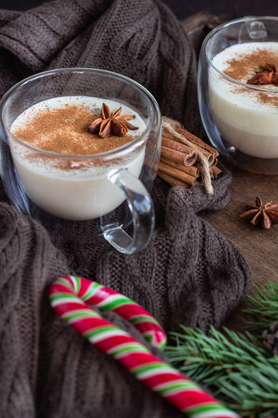 Eggnog. Christmas milk cocktail with cinnamon, served in two glass mugs on wooden tray with biscotti cookies, winter spices, candies and fir branch. - Photo, image