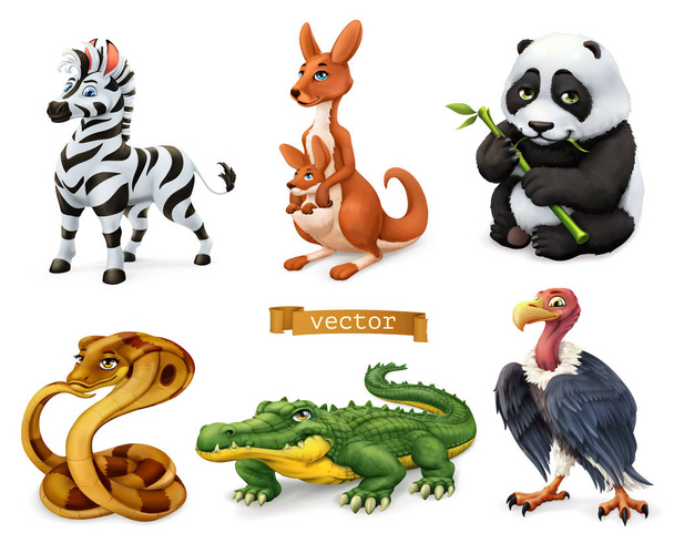 Vicces állatok. Zebra, kenguru, panda medve, kobra kígyó, krokodil, keselyű. 3D vektorikon készlet - Vektor, kép
