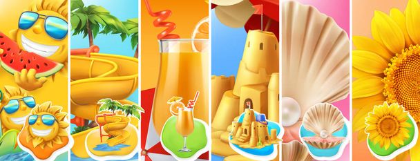 Summer vacation. Sun, water slide, cocktail, sand castle, pearl shell, sunflower. 3d vector icon set - Vector, Image