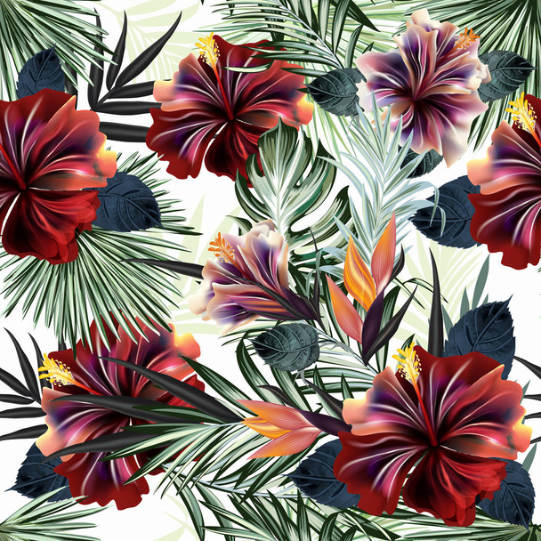 Beautiful tropical pattern with green palm leaves and hibiscus f - Vector, afbeelding