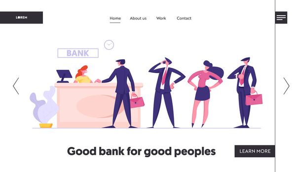 Credit Department Appointment Website Landing Page. Clients Standing in Queue Waiting Bank Worker Sitting at Desk Providing Services to Customers Web Page Banner. Cartoon Flat Vector Illustration - Vector, Image