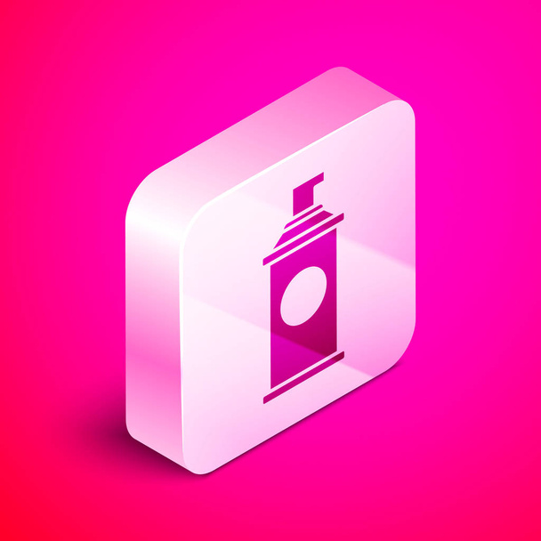Ισομετρική εικόνα αφρού gel ξυρίσματος απομονώνεται σε ροζ φόντο. Κρέμα ξυρίσματος. Ασημί τετράγωνο κουμπί. Απεικόνιση διανυσματικών φορέων - Διάνυσμα, εικόνα