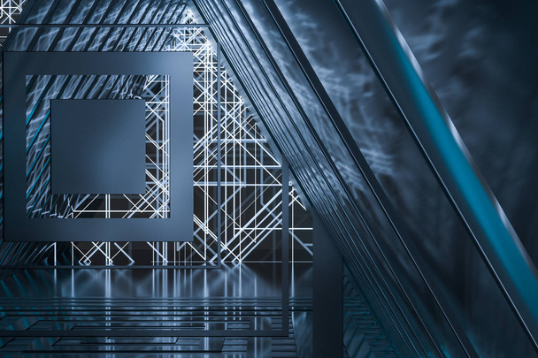 dunkler Dreieckstunnel mit leuchtenden hellen Linien, 3D-Rendering - Foto, Bild