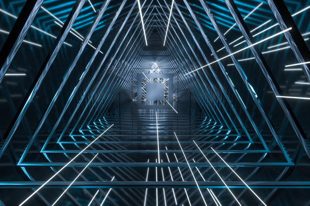 Tunnel a triangolo scuro con linee di hud luminose, rendering 3d
 - Foto, immagini