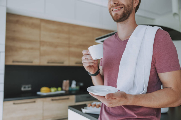 Man being happy drinking his morning coffee - Photo, Image